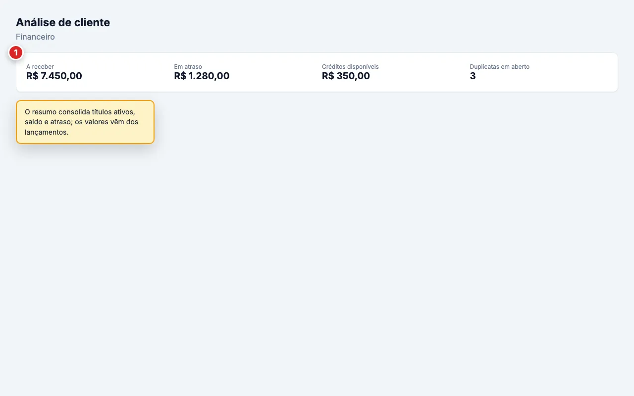 Resumo financeiro do cliente com valores a receber, em atraso, créditos e duplicatas em aberto.