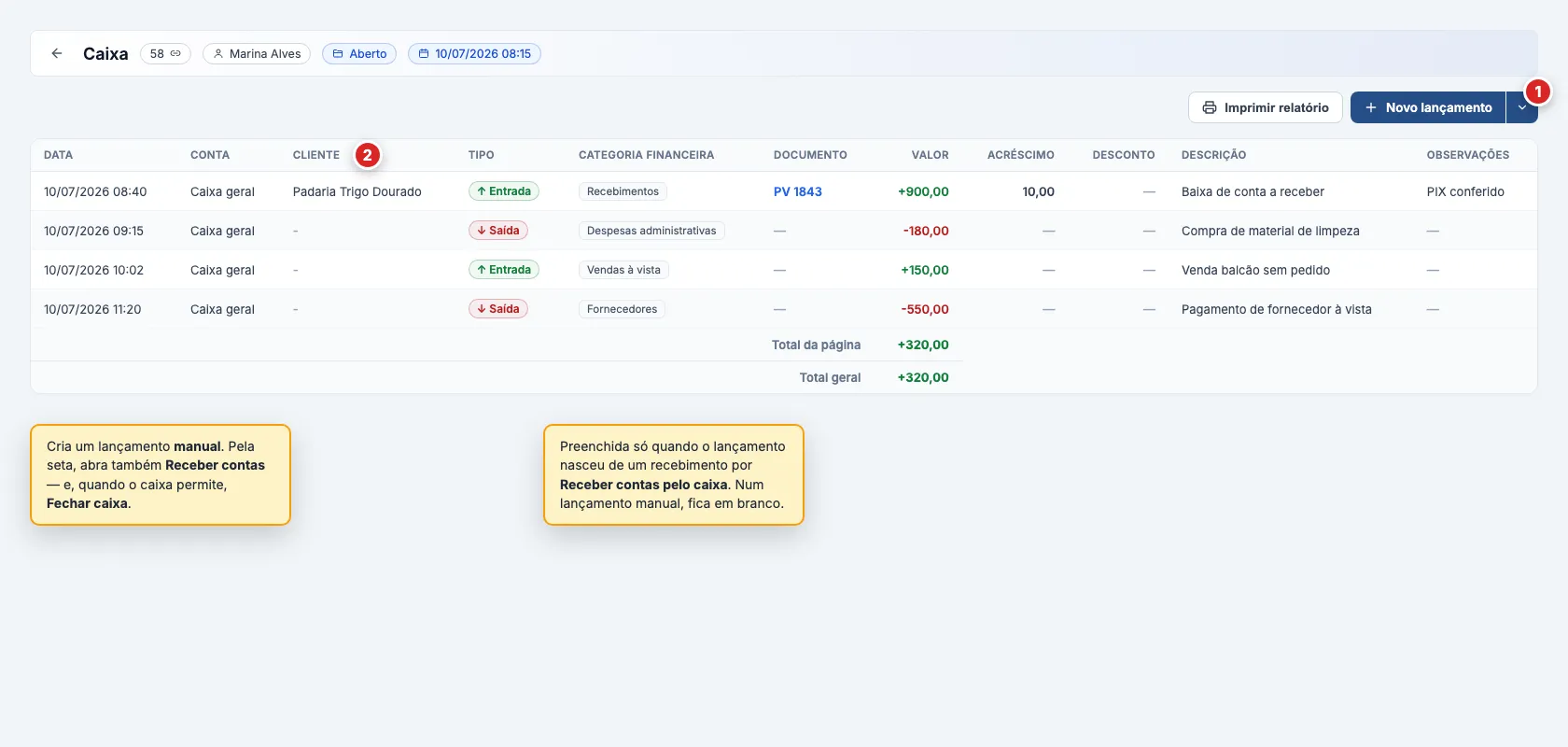 Tela de detalhe de um caixa aberto: cabeçalho com a seta para voltar à lista, o número, o badge do operador, o badge de situação Aberto e a data de abertura. Abaixo, a lista de lançamentos com as colunas Data, Conta, Cliente, Tipo, Categoria financeira, Documento, Valor, Acréscimo, Desconto, Descrição e Observações, e os botões Imprimir relatório e Novo lançamento.