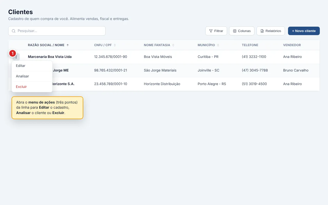 Linha da tabela de clientes com o menu de ações aberto (ícone de três pontos na coluna fixa à esquerda), mostrando as opções Editar, Analisar e Excluir.