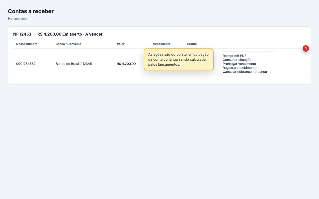 Subtabela de boletos sob uma conta a receber, com o menu de ações de um boleto registrado.