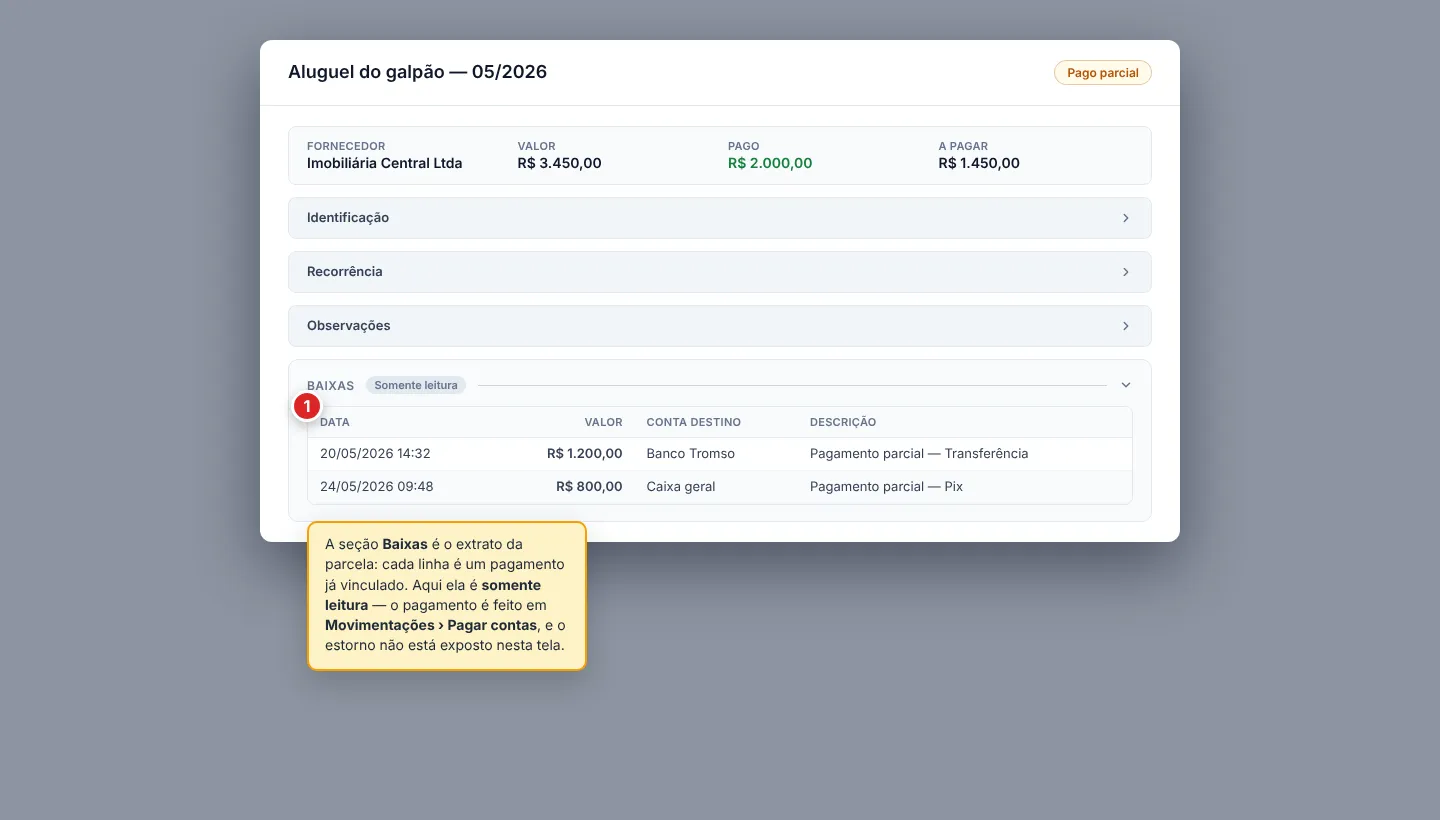 Modal do título aberto na seção Baixas, marcada como somente leitura, com o histórico de pagamentos nas colunas Data, Valor, Conta destino e Descrição.