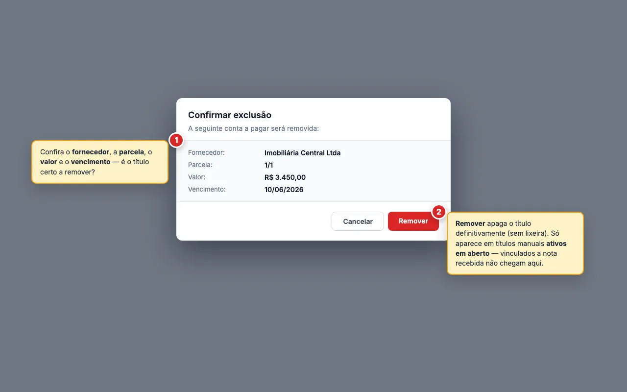 Diálogo Confirmar exclusão de uma conta a pagar listando Fornecedor, Parcela, Valor e Vencimento do título, com os botões Cancelar e Remover.