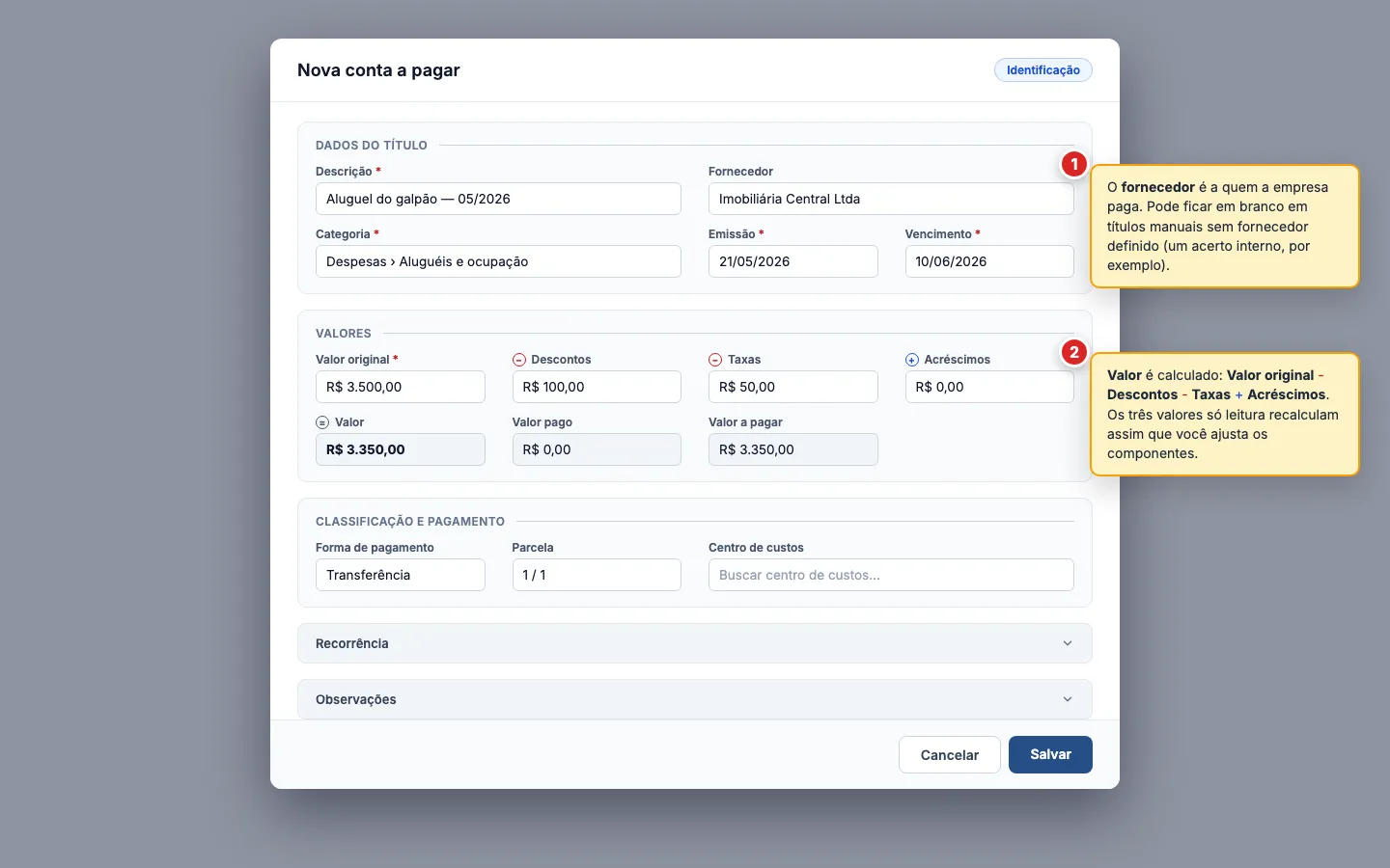Modal Nova conta a pagar com as seções Dados do título, Valores e Classificação e pagamento.