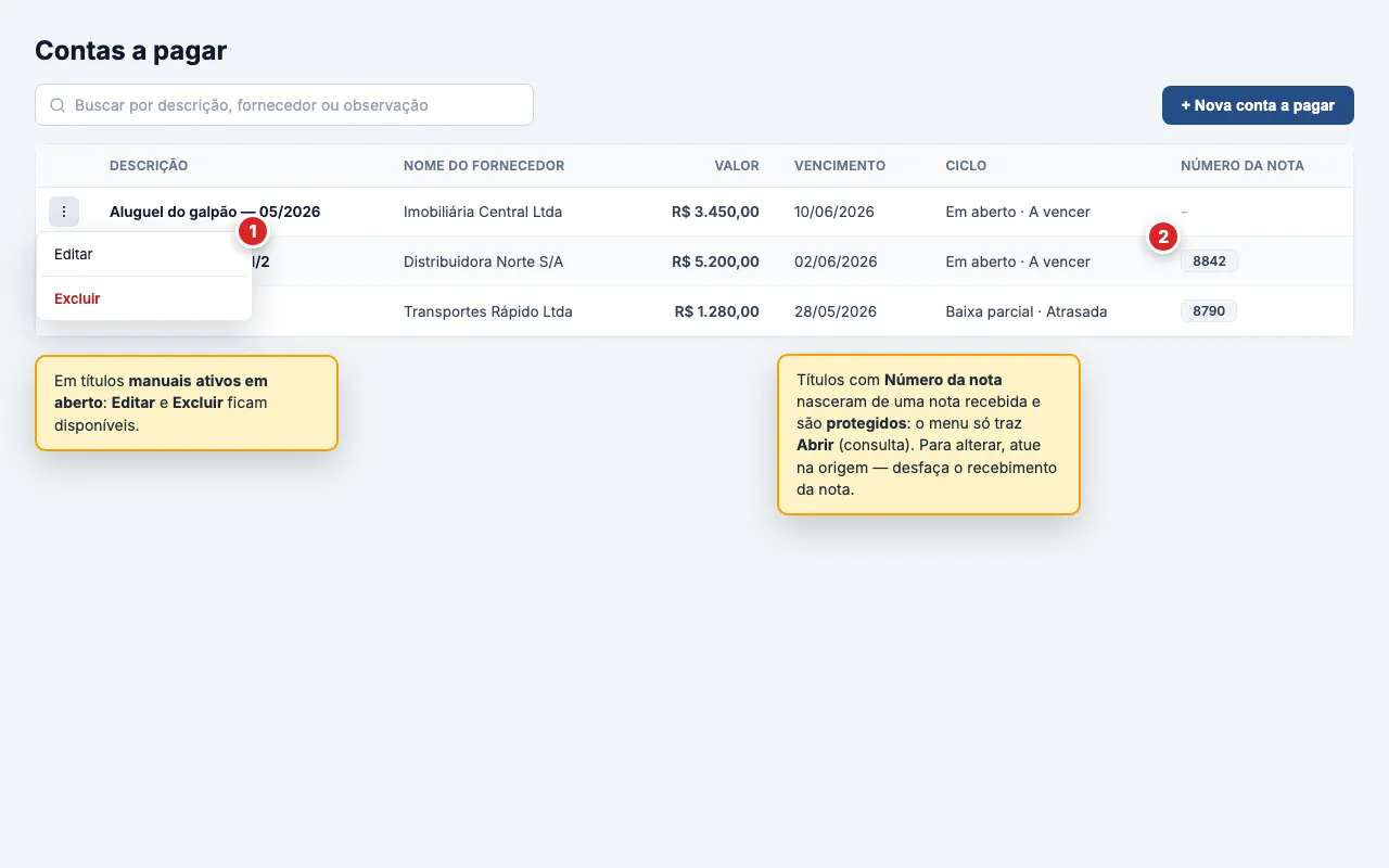 Tabela de Contas a pagar com o menu de ações aberto na linha de um título manual mostrando Editar e Excluir, e linhas de títulos vinculados a nota recebida com a coluna Número da nota preenchida.