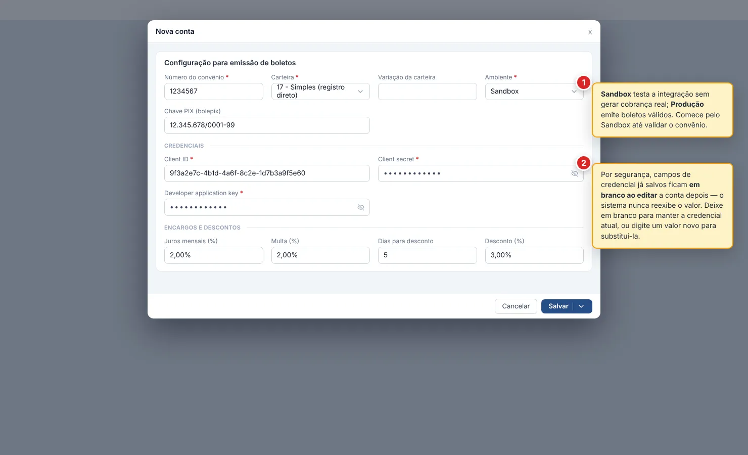 Seção Configuração para emissão de boletos aberta para o Banco do Brasil, com os campos Número do convênio, Carteira (17 - Simples (registro direto)), Variação da carteira e Ambiente (Sandbox) na primeira linha, Chave PIX (bolepix) na seguinte; o separador Credenciais com Client ID, Client secret e Developer application key (os dois últimos mascarados); e o separador Encargos e descontos com Juros mensais, Multa, Dias para desconto e Desconto.