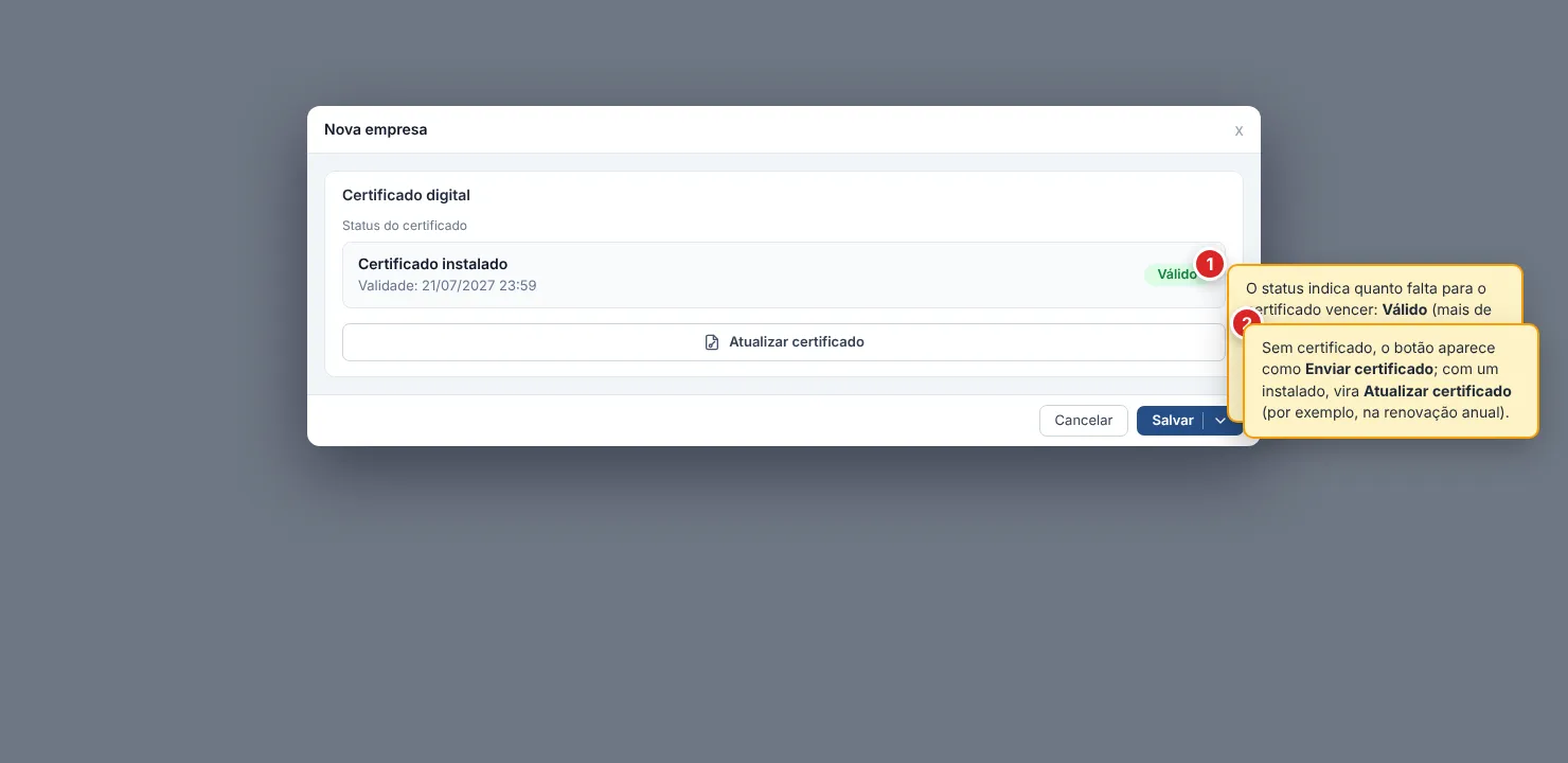 Seção Certificado digital mostrando o status do certificado (Válido / Próximo ao vencimento / Vencido) com a data de validade e o botão Enviar certificado (ou Atualizar certificado, quando já existe um).