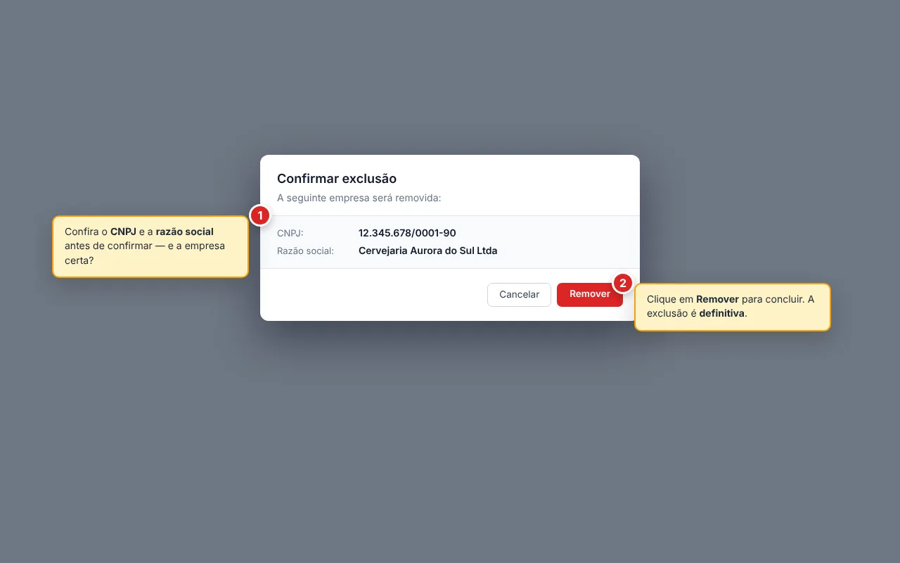 Diálogo Confirmar exclusão mostrando a empresa que será removida, com os botões Cancelar e Remover.