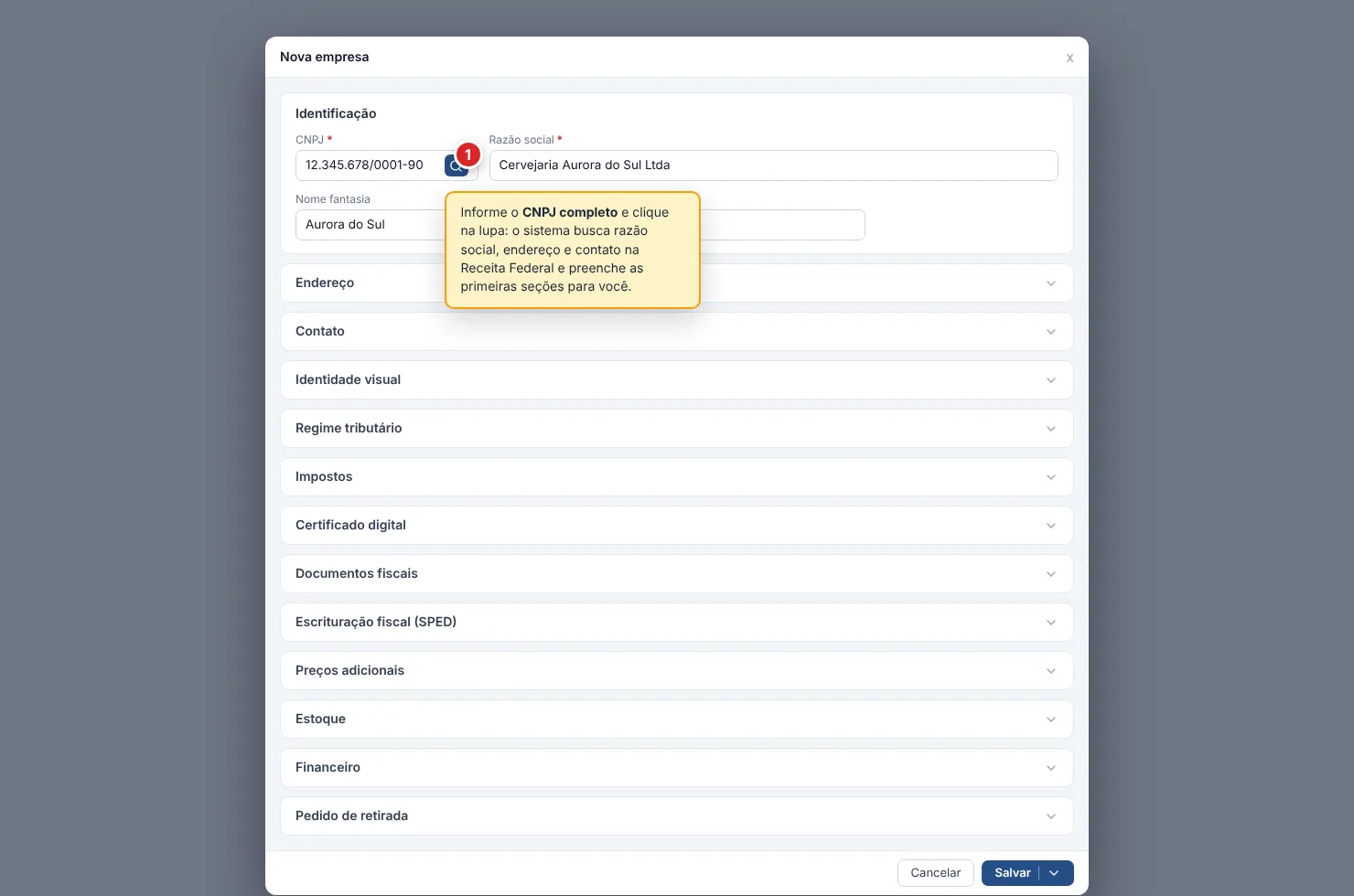 Modal Nova empresa com a seção Identificação aberta (CNPJ com botão de busca, Razão social, Nome fantasia) e, abaixo, as demais seções recolhidas: Endereço, Contato, Identidade visual, Regime tributário, Impostos, Certificado digital, Documentos fiscais, Escrituração fiscal (SPED), Preços adicionais, Estoque, Financeiro e Pedido de retirada.