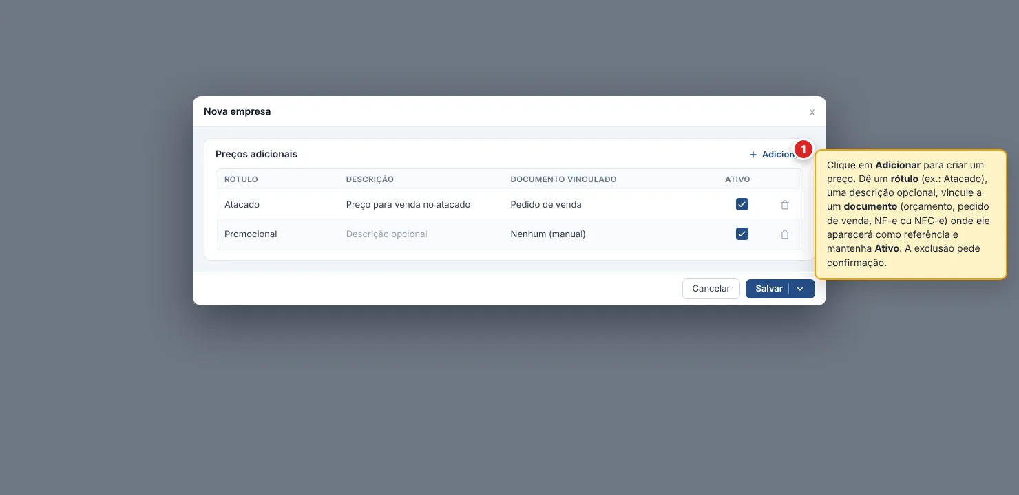 Seção Preços adicionais: lista de preços de venda adicionais configuráveis da empresa.