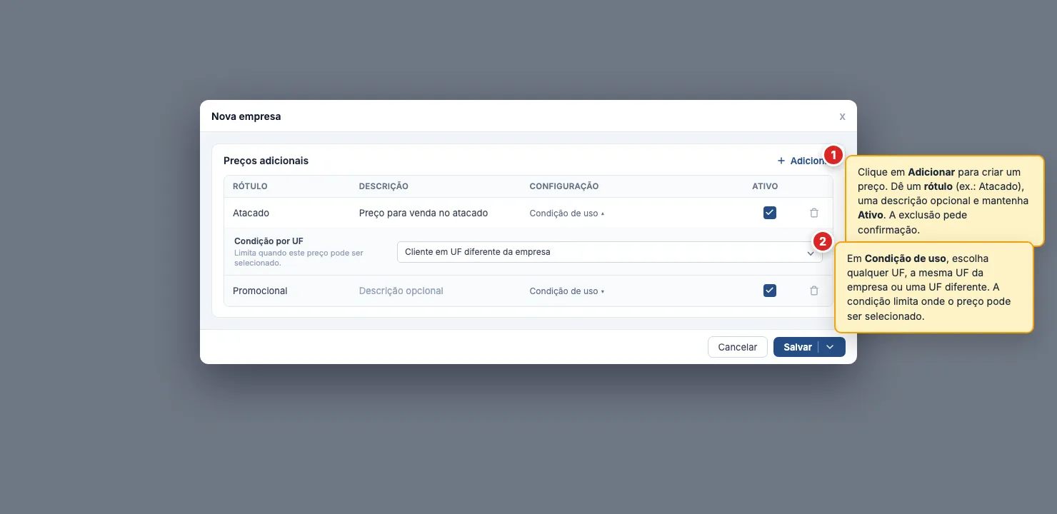 Seção Preços adicionais: lista de preços de venda adicionais configuráveis da empresa.