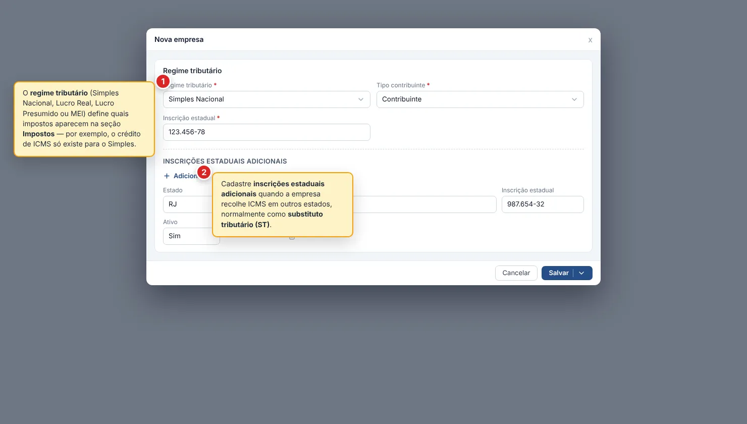 Seção Regime tributário aberta: seletor Regime tributário, Tipo contribuinte, Inscrição estadual e, abaixo, o bloco de Inscrições estaduais adicionais com o botão Adicionar.