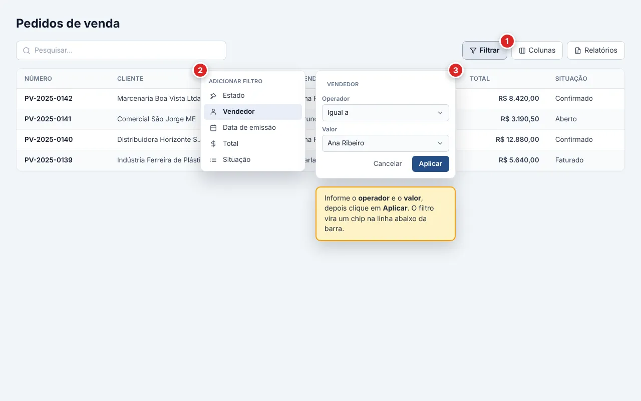 Botão Filtrar aberto sobre uma lista de pedidos de venda, com o menu Adicionar filtro listando os campos disponíveis (Estado, Vendedor, Data de emissão, Total, Situação) e, ao lado, o painel de edição do filtro Vendedor com os campos Operador e Valor e o botão Aplicar.
