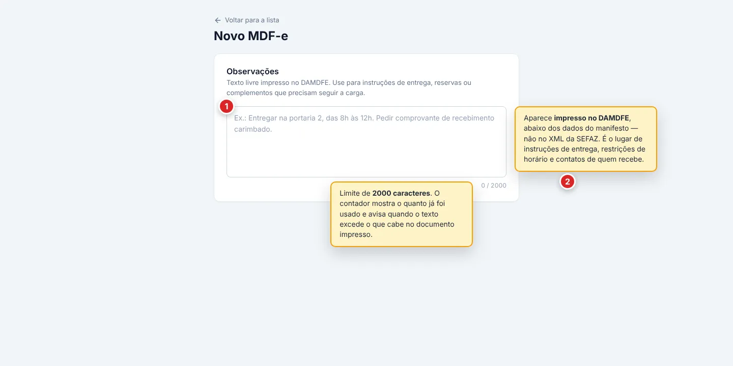 Seção Observações do MDF-e, com campo de texto livre e contador de até 2000 caracteres