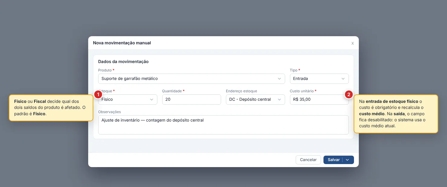 Janela Nova movimentação manual com a seção Dados da movimentação: Produto, Tipo (Entrada), Estoque (Físico), Quantidade, Endereço estoque, Custo unitário (obrigatório na entrada de estoque físico) e Observações, com os botões Cancelar e Salvar no rodapé