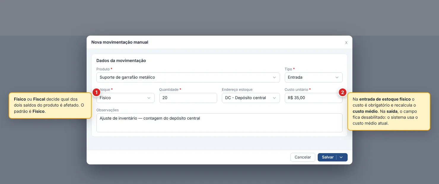 Janela Nova movimentação manual com a seção Dados da movimentação: Produto, Tipo (Entrada), Estoque (Físico), Quantidade, Endereço estoque, Custo unitário (obrigatório na entrada de estoque físico) e Observações, com os botões Cancelar e Salvar no rodapé