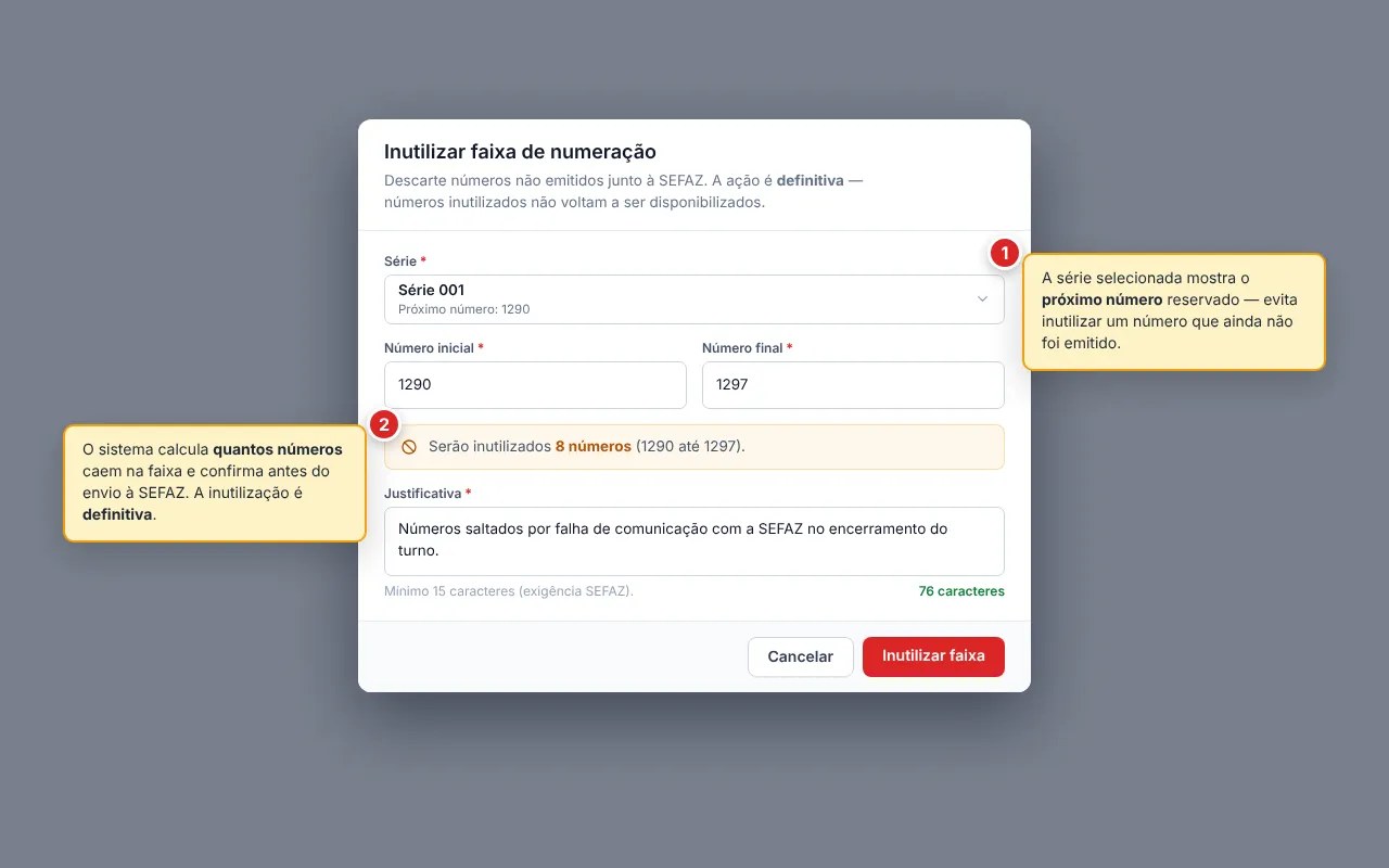 Diálogo Inutilizar faixa de numeração com Série (combobox mostrando Série 001 e a indicação Próximo número: 1290), Número inicial (1290) e Número final (1297) lado a lado, a contagem Serão inutilizados 8 números (1290 até 1297) destacada em laranja e o campo Justificativa com contador 76 caracteres em verde; botões Cancelar e Inutilizar faixa no rodapé.
