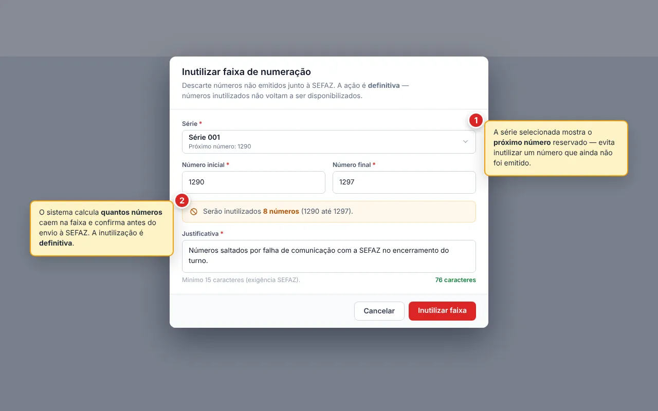 Diálogo Inutilizar faixa de numeração com Série (combobox mostrando Série 001 e a indicação Próximo número: 1290), Número inicial (1290) e Número final (1297) lado a lado, a contagem Serão inutilizados 8 números (1290 até 1297) destacada em laranja e o campo Justificativa com contador 76 caracteres em verde; botões Cancelar e Inutilizar faixa no rodapé.