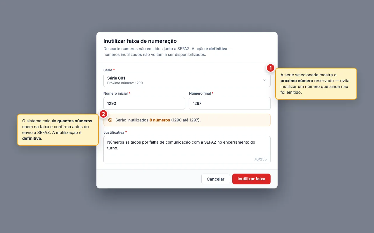 Diálogo Inutilizar faixa de numeração com Série (combobox mostrando Série 001 e a indicação Próximo número: 1290), Número inicial (1290) e Número final (1297) lado a lado, a contagem Serão inutilizados 8 números (1290 até 1297) destacada em laranja e o campo Justificativa com contador discreto 76/255. Botões Cancelar e Inutilizar faixa no rodapé.