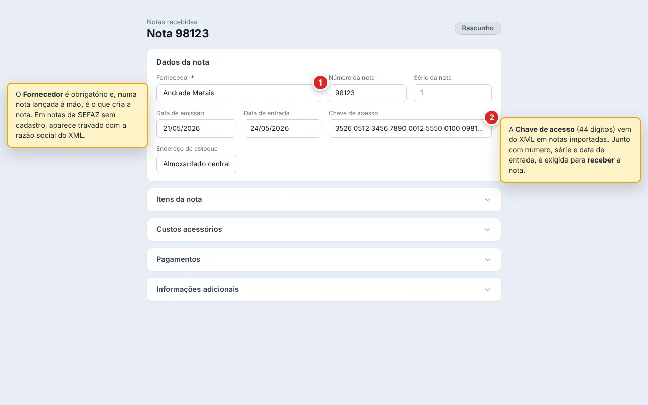 Seção Dados da nota aberta no formulário da nota, com os campos Fornecedor, Número da nota, Série da nota, Data de emissão, Data de entrada, Chave de acesso e Endereço de estoque.
