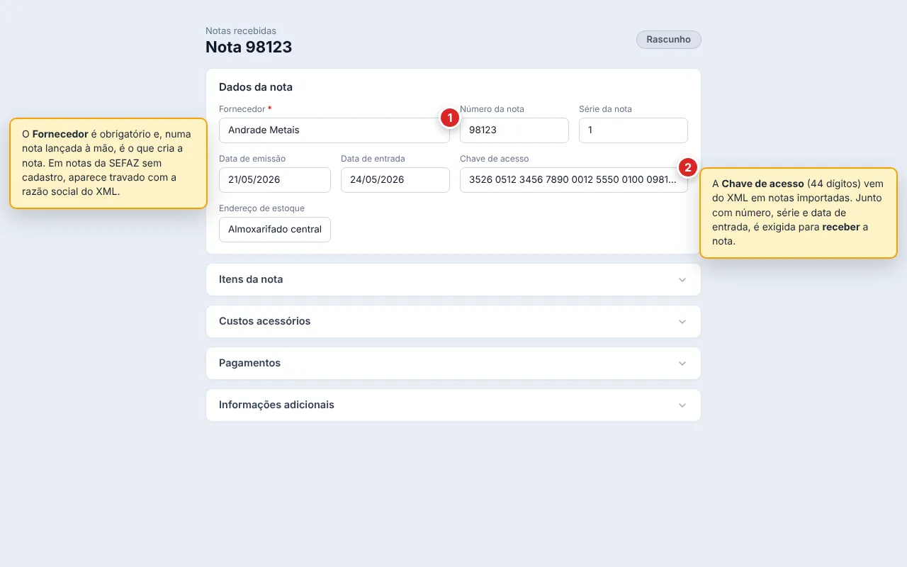 Seção Dados da nota aberta no formulário da nota, com os campos Fornecedor, Número da nota, Série da nota, Data de emissão, Data de entrada, Chave de acesso e Endereço de estoque.