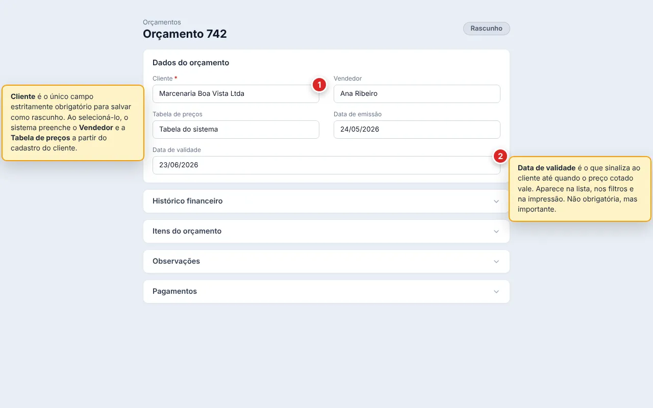 Formulário do orçamento com a seção Dados do orçamento expandida: Cliente (obrigatório, marcado com asterisco), Vendedor, Tabela de preços, Data de emissão (preenchida pelo sistema) e Data de validade. As demais seções (Histórico financeiro, Itens do orçamento, Observações e Pagamentos) aparecem recolhidas embaixo. Sem campos de Endereço de estoque, Aceita entregas ou Previsão de entrega — orçamento é pré-venda.