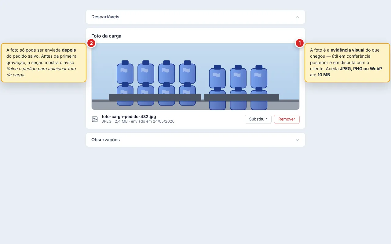 Seção Foto da carga com a imagem da carga já enviada, opção para substituir ou remover. Em pedidos não salvos, a seção mostra o aviso Salve o pedido para adicionar foto da carga.