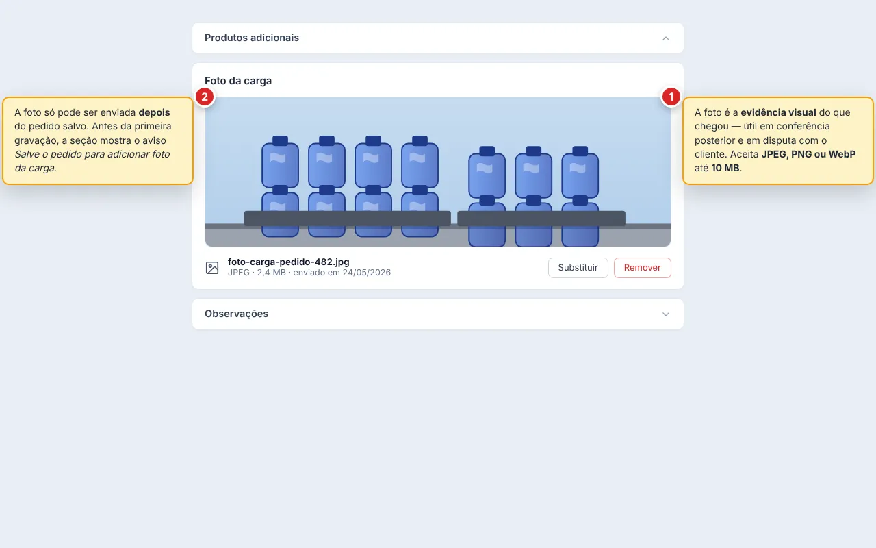 Seção Foto da carga com a imagem da carga já enviada, opção para substituir ou remover. Em pedidos não salvos, a seção mostra o aviso Salve o pedido para adicionar foto da carga.