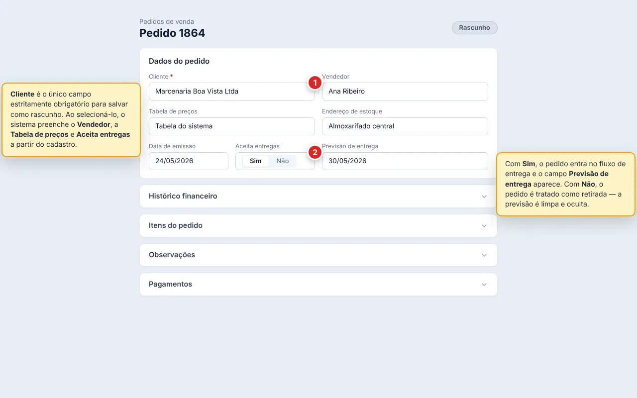 Formulário do pedido com a seção Dados do pedido expandida: Cliente (obrigatório), Vendedor, Tabela de preços, Endereço de estoque, Data de emissão, Aceita entregas (toggle Sim/Não) e Previsão de entrega. As demais seções aparecem recolhidas embaixo.