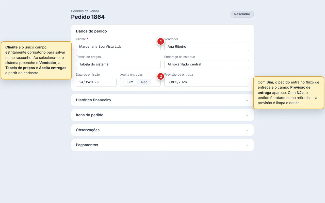 Formulário do pedido com a seção Dados do pedido expandida: Cliente (obrigatório), Vendedor, Tabela de preços, Endereço de estoque, Data de emissão, Aceita entregas (toggle Sim/Não) e Previsão de entrega. As demais seções aparecem recolhidas embaixo.