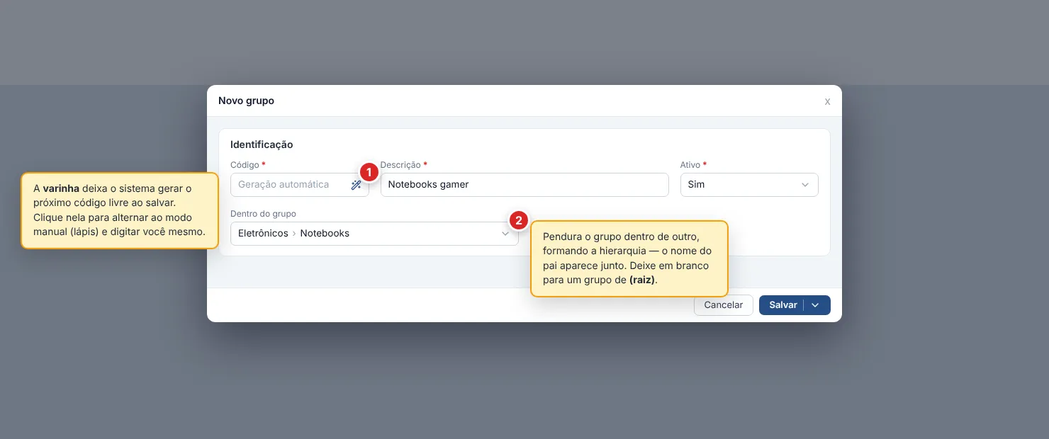 Janela Novo grupo com a seção Identificação aberta. O campo Código está em geração automática, com o ícone de varinha mágica à direita (1); a Descrição traz Notebooks gamer; Ativo está como Sim; e o campo Dentro do grupo mostra a hierarquia Eletrônicos › Notebooks (2).