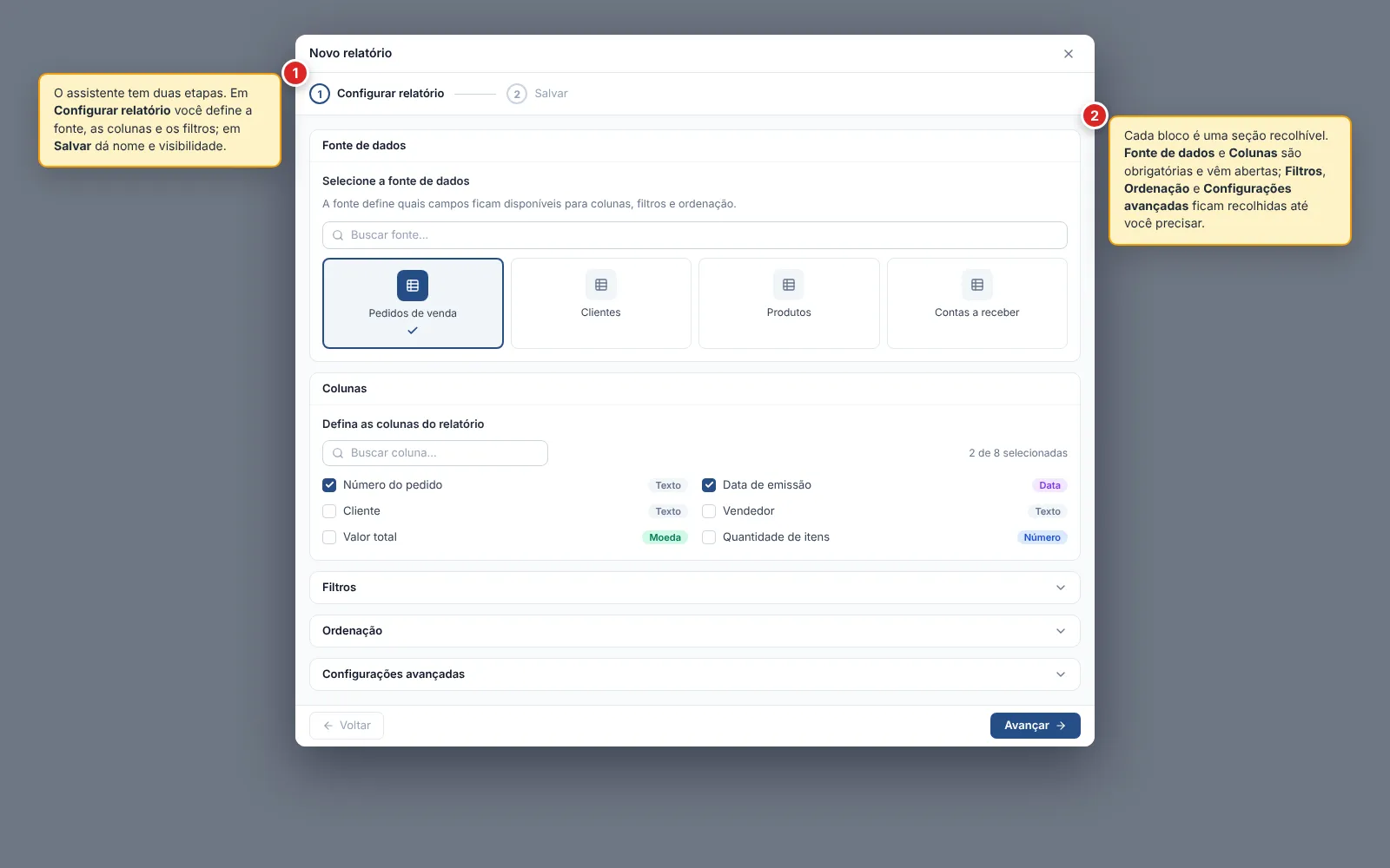 Assistente Novo relatório na etapa Configurar relatório, com o stepper de duas etapas (Configurar relatório ativa e Salvar futura) e as seções recolhíveis Fonte de dados e Colunas abertas e Filtros, Ordenação e Configurações avançadas recolhidas