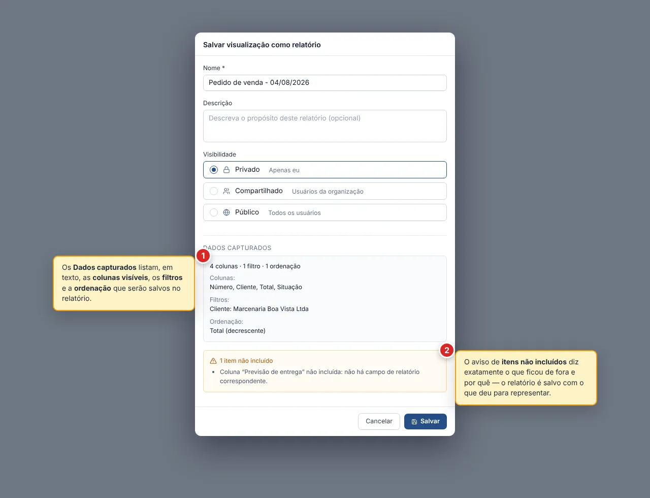 Diálogo Salvar visualização como relatório com o campo Nome preenchido, o seletor de Visibilidade (Privado, Compartilhado e Público), o bloco Dados capturados listando colunas, filtros e ordenação, e o aviso de item não incluído.