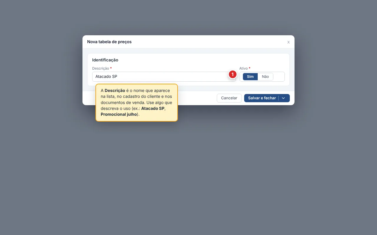 Modal Nova tabela de preços com a seção Identificação aberta: campo Descrição (obrigatório) preenchido com Atacado SP e seletor Ativo (Sim/Não) com Sim selecionado. No rodapé, botões Cancelar e Salvar e fechar.