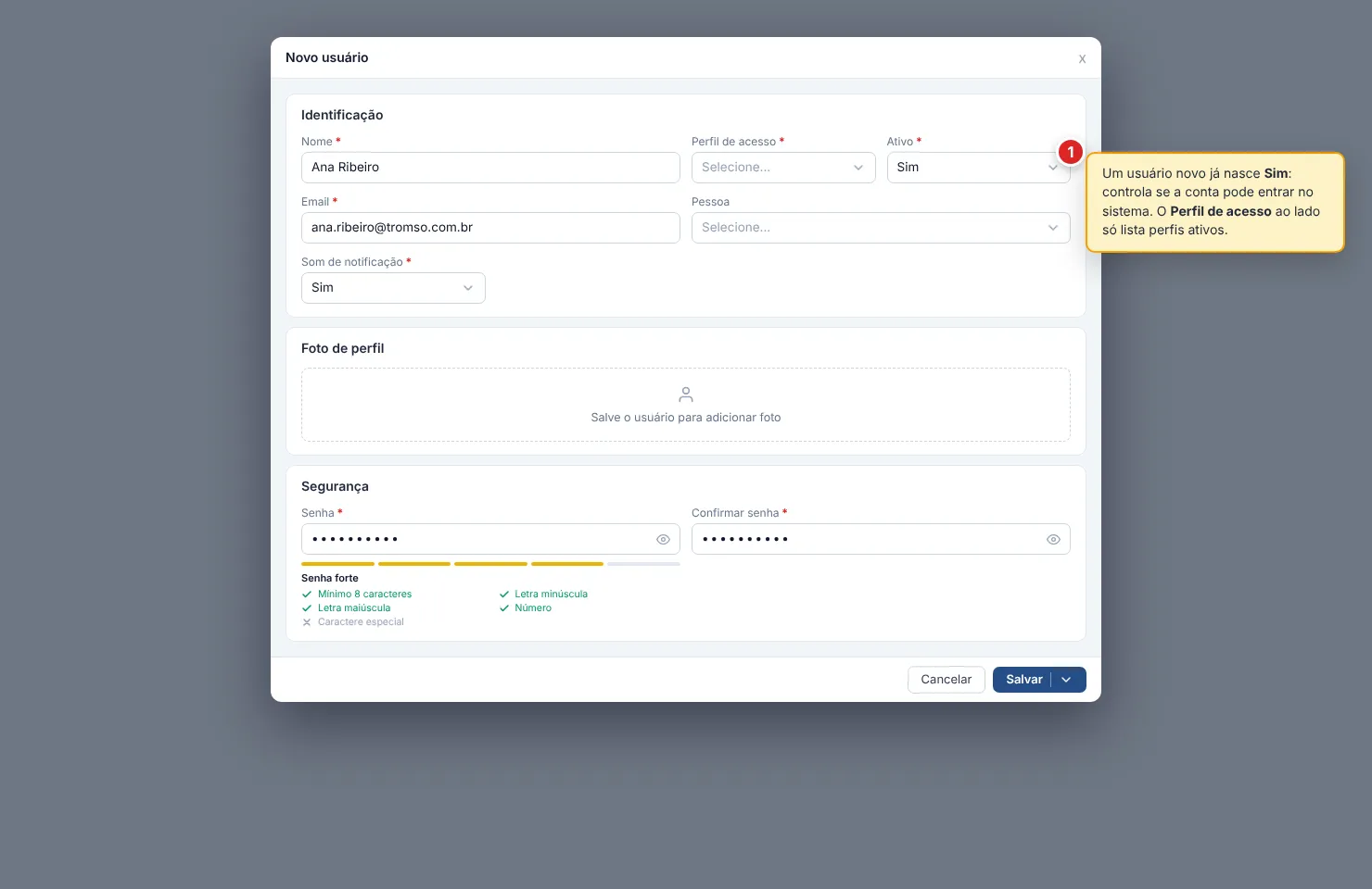Janela Novo usuário com as três seções expandidas: Identificação (Nome, Perfil de acesso, Ativo, Email, Pessoa, Som de notificação), Foto de perfil e Segurança (Senha com medidor de força e Confirmar senha)